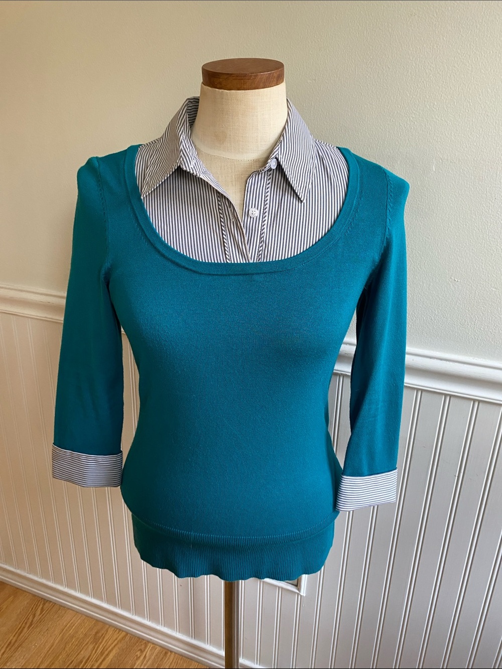 White House Black Market Teal Scoop-Neck Layered Look Sweater